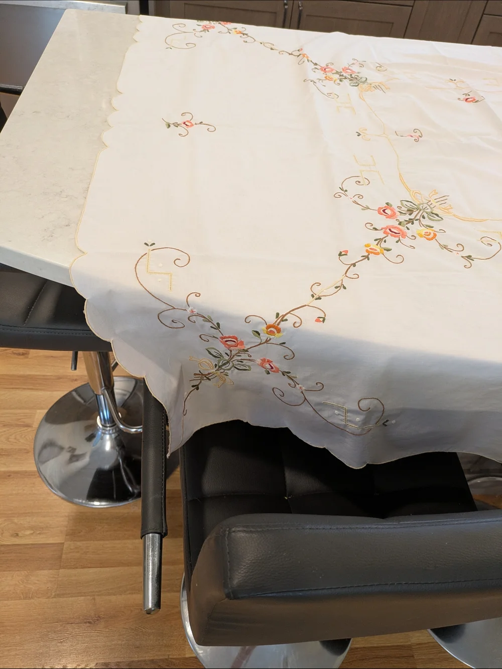 Embroidered Floral White Tablecloth with Peach Accents 51